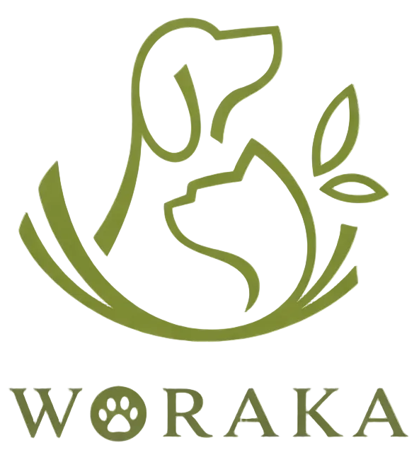 Logo of WORAKA with a design of a dog and cat intertwined, on a white background.
