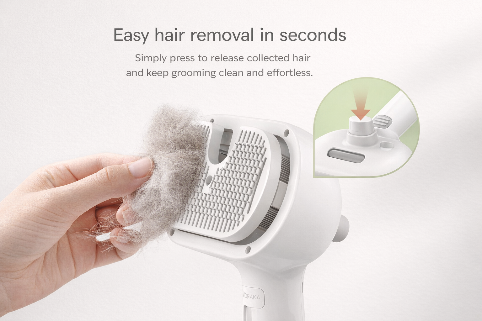 Hair removal device with collected hair and text on a white background